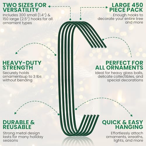 Iconikal 450 Pack Heavy Duty Green Christmas Tree Ornament Hooks 1.4 & 2.5" - Image 4