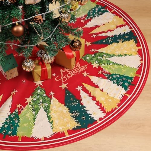 Multiwins Christmas Tree Skirt 48 Inch, Red Christmas Tree Skirt with Christmas Tree and Star Design, Thick Flannel Fabric, Xmas Tree Skirt for Holiday Decorations by multiwins