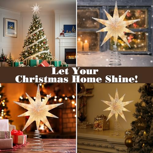 Lewondr Christmas Tree Topper Star, 13inch 10-Point Light Up Xmas Star Treetop with Plug and Remote Control for Home Christmas Decoration, 6H Timer & 8 Lighting Modes, Warm Light, Silver - Image 6
