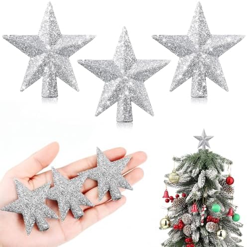 Hanaive 3 Pcs Mini Christmas Tree Topper Small Star Christmas Treetop Ornaments for Mini Tree Holiday Decorative Star for Xmas Home Decor(2.36 Inch,Glitter Silver) by Hanaive