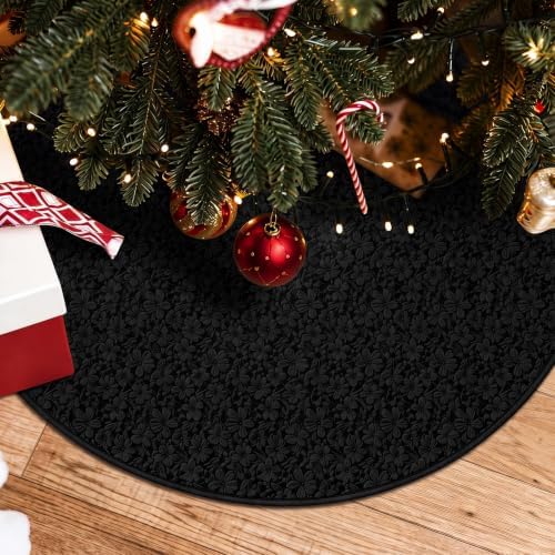Skylety 48'' Christmas Tree Skirt Rug Embossing Xmas Tree Skirt, Black - Image 4