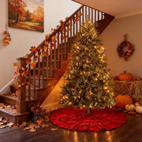 yuboo Large Red Ruffle Tree Skirt 48", Rustic Farmhouse Wedding Decorations, Tiered Fluffy Tree Skirt for Engagement Party & Mother Day Holiday Decor - Image 2