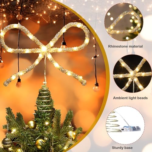 Retisee 9.8 Inch LED Bow Tree Topper Rhinestone Christmas Decor,Gold - Image 3