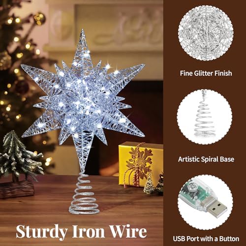 Lewondr Christmas Star Tree Topper, 14.6" Lighted Glitter 3D Star Treetop - Image 3