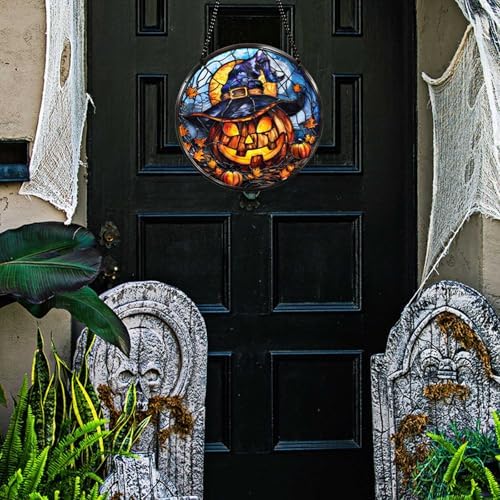 7.9inch Halloween Acrylic Stained Glass Window Hanging Decor Glow in Dark Spooky Pumpkin Wearing a Witch Hat Ornament with Metal Chain & Suction Cup Hook Wall Door Yard Pendant(B) - Image 4