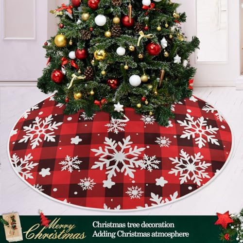 Snowflakes Checkered Plaid Christmas Tree Skirt Small Xmas Tree Skirts Decorations 36 in Burlap Tree Mat Cover for 4 ft Trees Holiday Party - Image 2