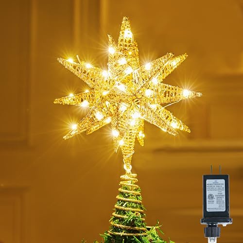JOIEDOMI 7.8" Metal 3D Star Christmas Tree Topper Golden Glitter Decorations with 56 LED Warm White with Plug Timer Ornaments Treetop Home Holiday Party Indoor Decor by Joiedomi