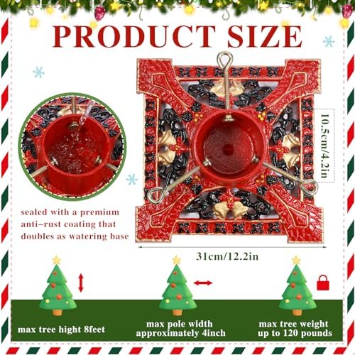 Cinnvoice Cast Iron Christmas Tree Stand for Real Live Trees, Red - Image 2