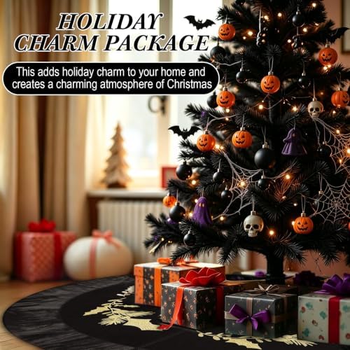 48 Inches Velvet Halloween Tree Skirt Black Luxury Xmas Gold Fur Plush Skirts with Gold Embroidered Holly for Halloween Merry Christmas Party Rustic Vintage Holiday Home Winter Decorations - Image 6