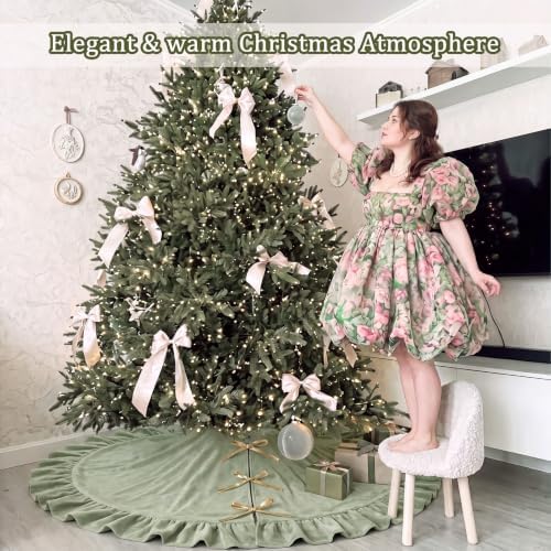 Velvet Christmas Tree Skirt, 60 Inches, Bow Style, Sage Green - Image 4