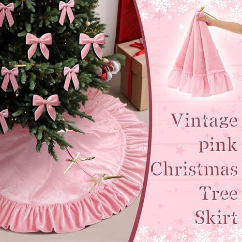Velvet Christmas Tree Skirt, 48 Inches, Bow Style, Pink - Image 2