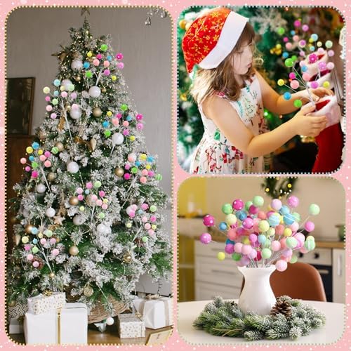 Janinka 8 Pcs Christmas Picks Pastel Christmas Candy Decorations Lollipop Macaron Xmas Tree Picks Xmas Tree Topper Glowing Fur Ball for Vase Fillers DIY Crafts Displays Home New Year - Image 3