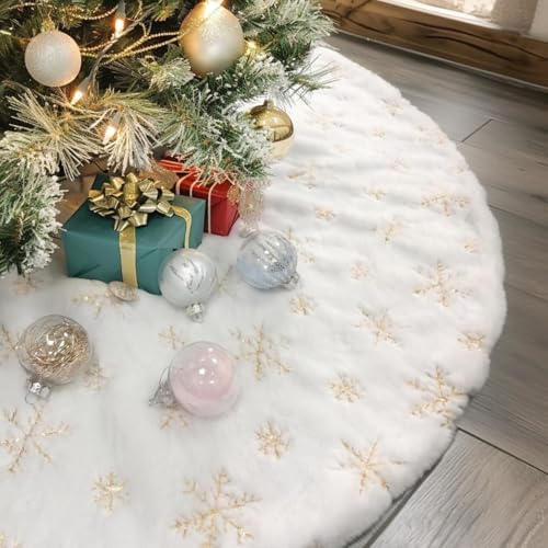 CHICHIC 36 Inch Large Christmas Tree Skirt White Tree Skirt Xmas Faux Fur Tree Skirts Christmas Decorations for Holiday Tree Ornaments Christmas Party Home Decorations with Sequin Gold Snowflakes by CHICHIC