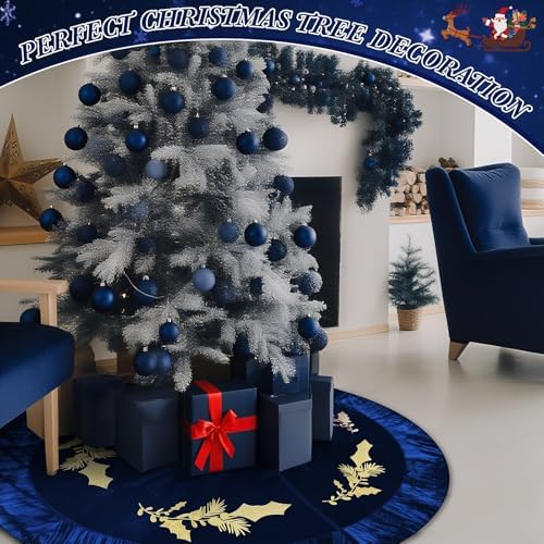 48 Inches Velvet Christmas Tree Skirt Decorations Dark Blue Luxury Xmas Fur Plush Skirts with Gold Embroidered Holly for Merry Christmas Party Rustic Vintage Holiday Home Winter - Image 6