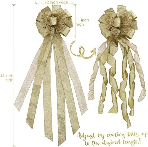 MEEDEE Gold Glitter Christmas Tree Topper - 12" Wide Snowflake Ribbon Bow - Large Gold Bows for Christmas Tree Decoration (1 Pack) - Image 4