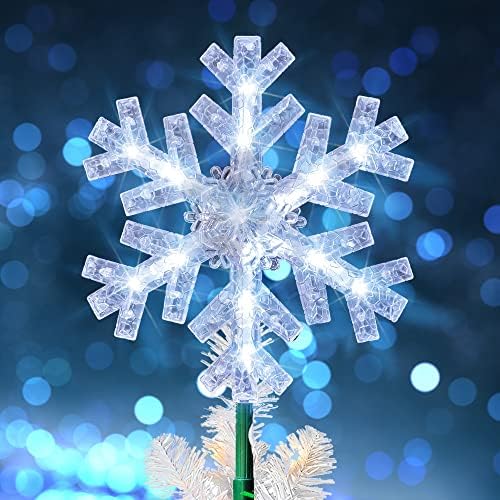 Dazzle Bright Snowflake Christmas Tree Topper, 9 inch Christmas Tree Topper Ornament with 15 White LED Lights, Lighted Tree Topper Christmas Decorations for Xmas Indoor Holiday Decor by DazzleBright