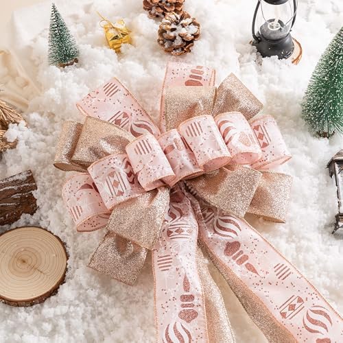 Christmas Tree Topper, 40x13 Inches Toppers Bow with Glitter Satin Mesh Streamer and Patterned Ribbon, Christmas Tree Topper Bow for Christmas Home Decoration (Rose Gold) - Image 4