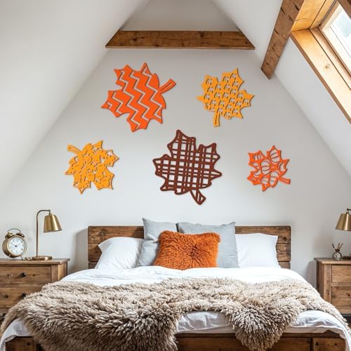 Whaline 6 Pcs Fall Wooden Wall Decor Orange Yellow Brown Hollow Maple Leaf Shaped Wood Wall Art Sign with Hook for Home Farmhouse Thanksgiving Hanging Ornament - Image 6