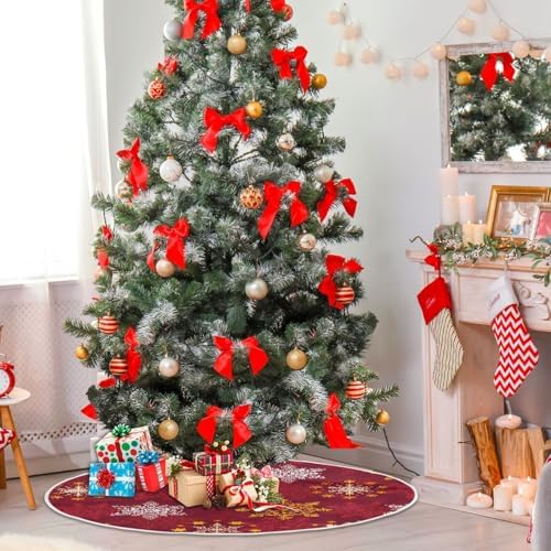 Christmas Tree Skirt 36 inch Xmas Tree Skirts Golden Snowflakes Red Snow Winter Holiday Party Tree Mat Decor for Merry Christmas Indoor Outdoor Decoration - Image 5