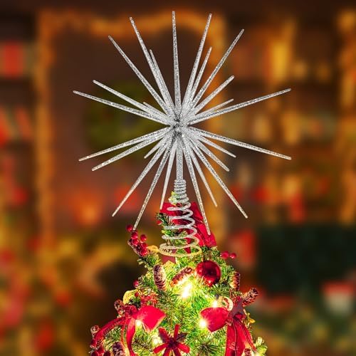 13.7 Inch Silver Christmas Tree Topper - 3D Burst Silver Tree Topper, Exploding Star Christmas Tree Decorations by LGFMGWH