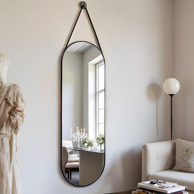 OGCAU 48'' x 16'' Full Length Mirror Wall-Mounted, Full Body Hanging Mirror for Wall and Door in Bedroom, Living Room, Oval with Straps, Hanging with Aluminum Alloy Frame (Oval Black)