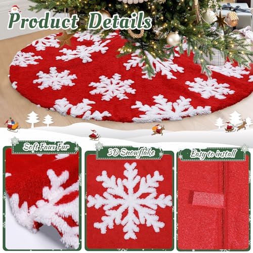 Snowflakes Christmas Tree Skirts 48 inch Large Red Tree Skirt Xmas Tree Skirt Xmas Trees Round Mat for New Year Holiday Party Christmas Luxury Tree Ornaments - Image 4