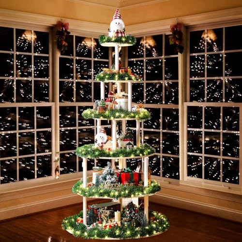 Barydat Christmas Tree Village Christmas Bookshelf Display Supplies Ornament Display Tree Stand Wooden Holder for Holiday Display(6 Tier 71 Inches) - Image 5