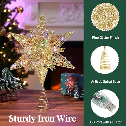 Lewondr Christmas Star Tree Topper, 14.6" Lighted Glitter 3D Star Treetop - Image 3