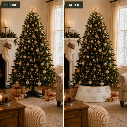 Snowflake White Christmas Tree Collar, Holiday Tree Skirt Alternative, Christmas Decorations for Tree, Decorative Metal Tree Ring, Fits Most Standard Tree Stands, White Snowflake Design - Image 3