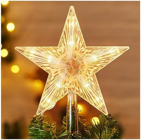 Christmas Tree Topper Lighted Star with Built-in 10 Replaceable Bulbs, 9.5” Clear Five-Pointed Star Tree Topper Plug in for Indoor Office Xmas New Year Holiday Tree Decoration, Warm White by Brightown