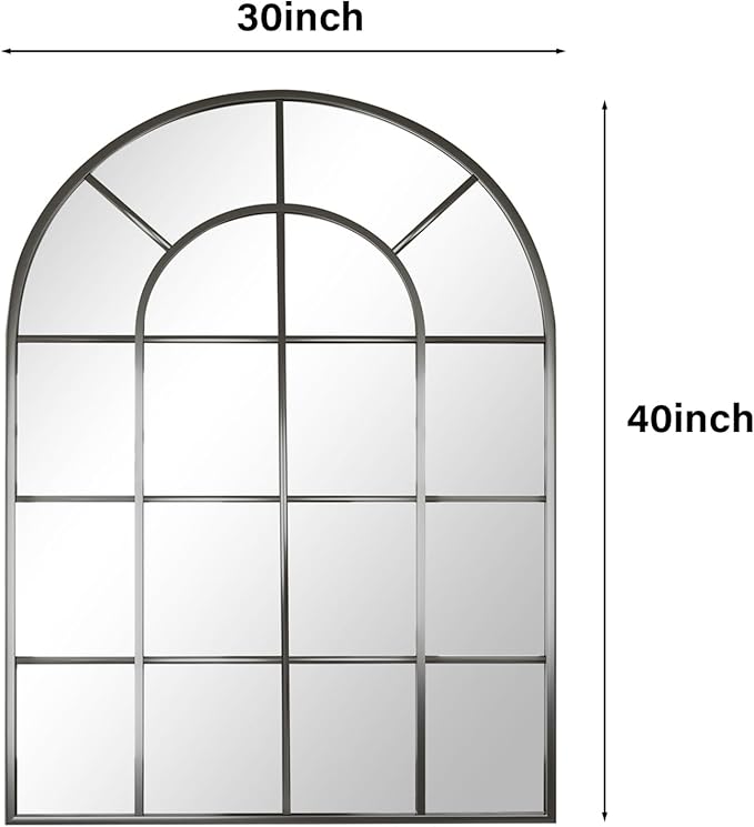 30"×40" Windowpane Arched Wall Mirror, Grid-Designed Decorative Farmhouse Wall Mounted Mirror with Metal Frame Hanging Leaning for Entryway, Living Room, Home Decor, Black