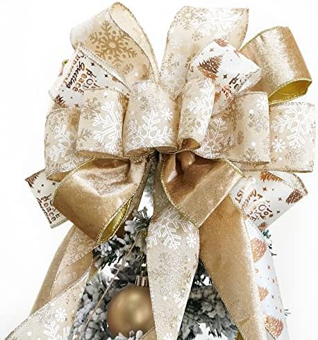 MEEDEE Champagne Christmas Tree Topper - 12" Wide Velvet Champagne & Gold Bows (1 Pack) - Image 5