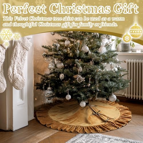 Velvet Christmas Tree Skirt, 48 Inches, Bow Style, Khaki - Image 6
