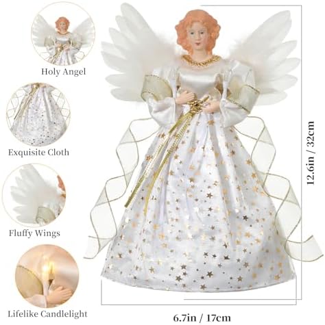 Lewondr Christmas Tree Topper Angel, 12" Lighted Angel Tree Topper with 8 Modes, 6H Timer Angel Figurine Christmas Tree Top Wings, Remote & USB Powered Xmas Decor for Tree Tabletop Home, Gold - Image 5