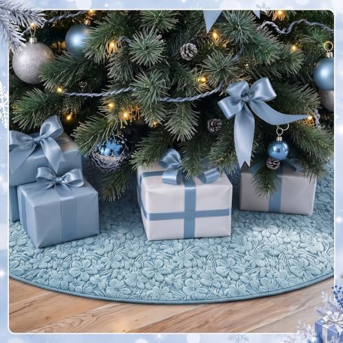 Skylety 48'' Christmas Tree Skirt Rug Embossing Xmas Tree Skirt, Gray-Blue - Image 6