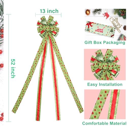 Christmas Tree Topper Wreath Bow Large Green Christmas Bow Tree Topper with Red Green Dot Patterned Gift Bows for Xmas Holiday Home Wedding Thanksgiving Indoor/Outdoor Decoration 52"x13" - Image 2