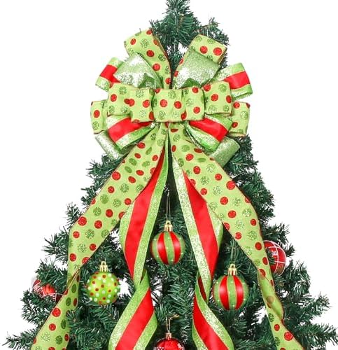 Christmas Tree Topper Wreath Bow Large Green Christmas Bow Tree Topper with Red Green Dot Patterned Gift Bows for Xmas Holiday Home Wedding Thanksgiving Indoor/Outdoor Decoration 52"x13" by Sailup