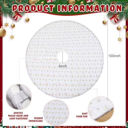 Libima 100 Inches Large Christmas Tree Skirt Faux Fur Xmas Tree Skirt White Plush Velvet with Gold Sequins Snowflakes for Xmas Decorations Merry Christmas Party Winter Holiday Ornaments - Image 2