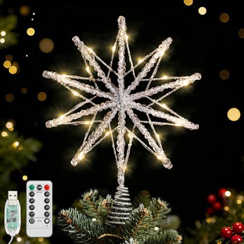 Lewondr Christmas Tree Topper Star, 13.8 Inch 10-Pointed Star Treetop with Glittered Epoxy, Remote & USB Powered Xmas Stars Treetop for Christmas Tree Decoration, 6H Timer & 8 Modes, Silver by Lewondr