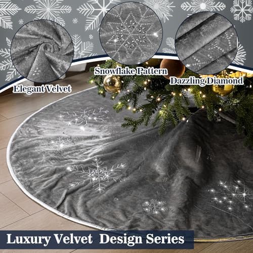 Gray Velvet Tree Skirt 48 Inch, Gold Snowflake Rhinestone - Image 5