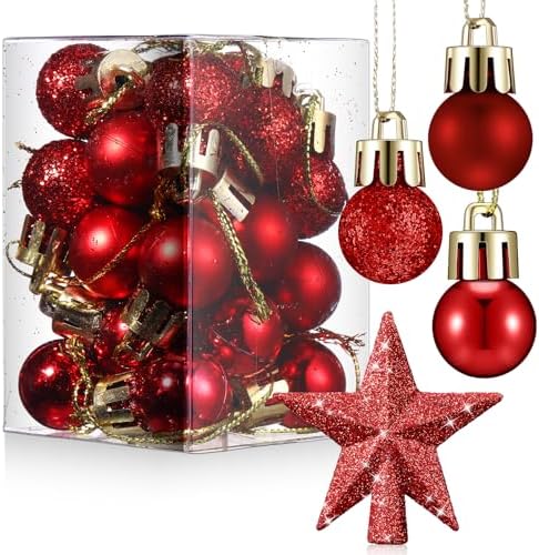 RoundFunny 25 Pcs Mini Christmas Balls Ornaments Set 0.79 Inch Christmas Day Ball Topper Star Tree Hanging Ornaments for Party Decoration(Red) by RoundFunny