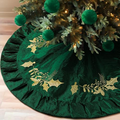 48 inches Velvet Christmas Tree Skirt Red Wine Gold Fur Plush Tree Skirt Luxury Xmas Skirts for Merry Christmas Party Vintage Holiday Decorations(Green with Gold Embroidered Holly) by Vertintong