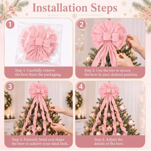 Ceenna Christmas Tree Topper Bow 52 x 12 Inch, Pink Large Velvet Bow - Image 6