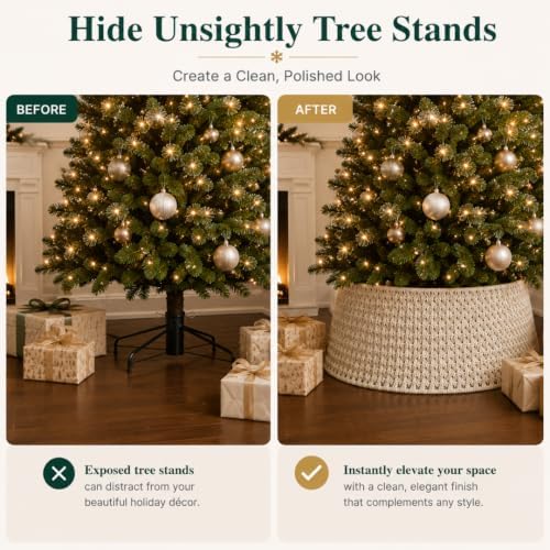 Inside Out Home 27in Christmas Tree Collar, 4-Piece Woven Holiday Tree Skirt, Protects Tree Base from Pets, White Xmas Decoration - Image 6