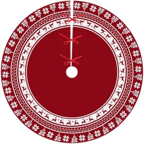 Christmas Tree Skirt 48 Inches | Red Xmas Tree Skirt with Rustic Snowflake & Reindeer Pattern, Fits 5 to 7 Foot Trees, Perfect Christmas Decorations for Holiday Trees. - Image 2