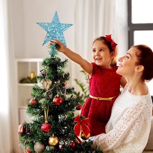 URATOT Glittered Christmas Tree Topper Metal Christmas Treetop Hallow Wire Star Topper for Christmas Home Decoration (8 inches, Blue) - Image 7