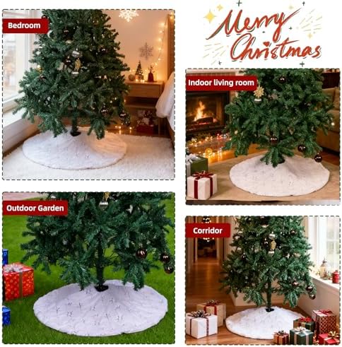 Christmas Tree Skirt White, 36 Inch Large Soft Plush Xmas Tree Skirts, Double Layer Luxury Tree Skirt w/Silver Snowflake Sequin, Christmas Trees Decoration for Holiday Party Indoor Party Home Decor - Image 5