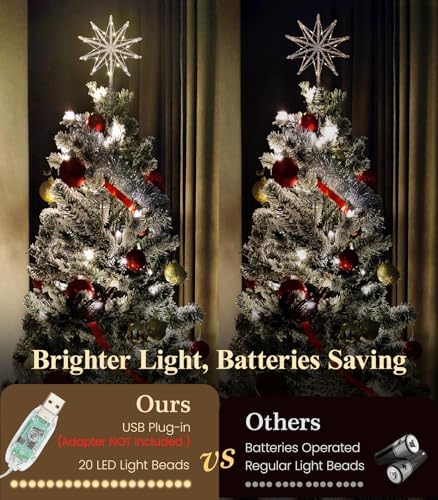 Luxspire Christmas Tree Topper, Lighted Star Tree Topper with USB Remote Control, 10" Clear Metal Christmas Decorations Lights, Light Up Xmas Tree Star Vintage Modern Ornaments for Home Party, Silver - Image 2