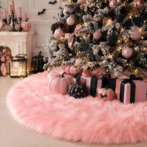 28 Inch Pink Faux Fur Christmas Tree Skirt for Christmas Decorations by MACTING