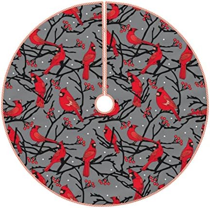 Christmas Tree Skirt 48 inches Red Birds Cardinals and Berries Winter Scene Gray Xmas Tree Skirts Mat Farmhouse Rustic Xmas Holiday Indoor Party Outdoor Decoration - Image 2
